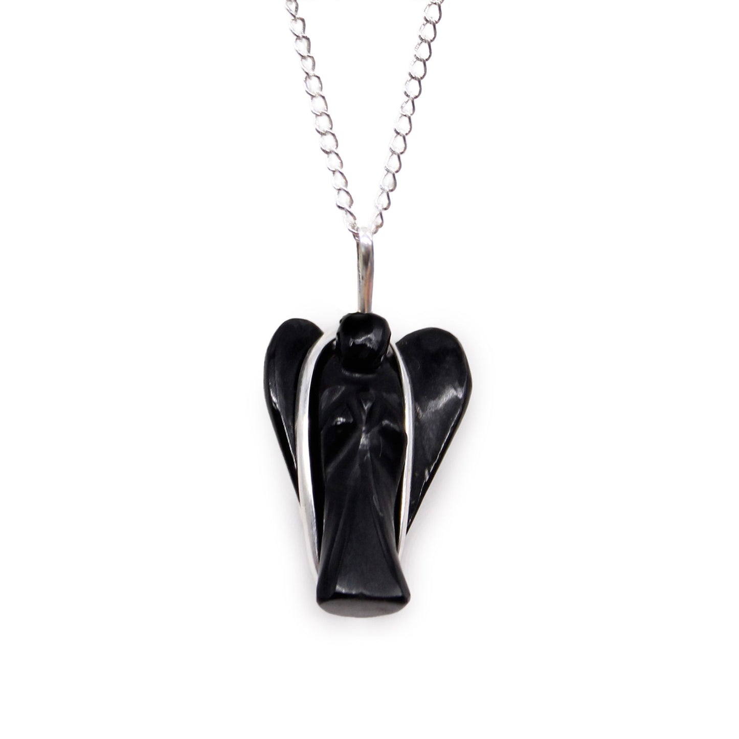 Hand-carved black agate gemstone pendant shaped like a guardian angel with silver-tone bale.