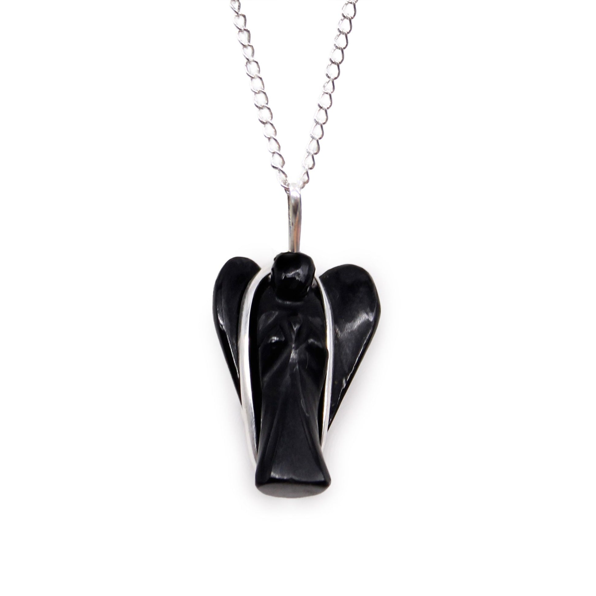 Hand-carved black agate gemstone pendant shaped like a guardian angel with silver-tone bale.