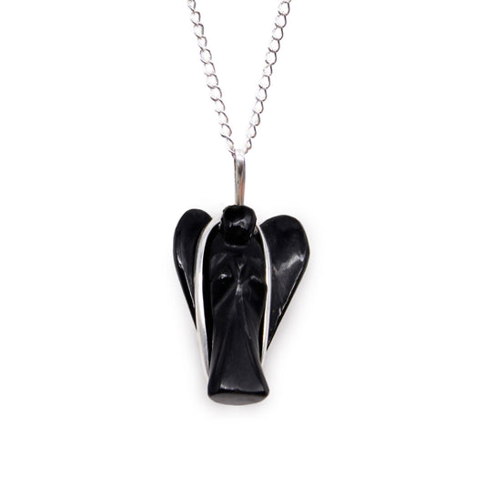 Hand-carved black agate gemstone pendant shaped like a guardian angel with silver-tone bale.