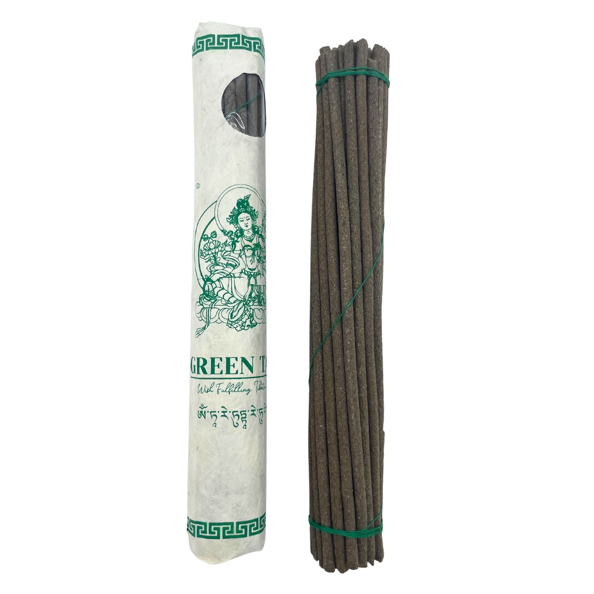 A rolled pack of thirty premium hand-rolled Tibetan incense sticks dedicated to Green Tara.