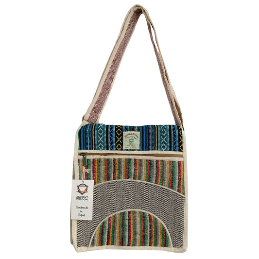 Eco-friendly hemp laptop messenger bag with a stylish curved pattern and adjustable shoulder strap.