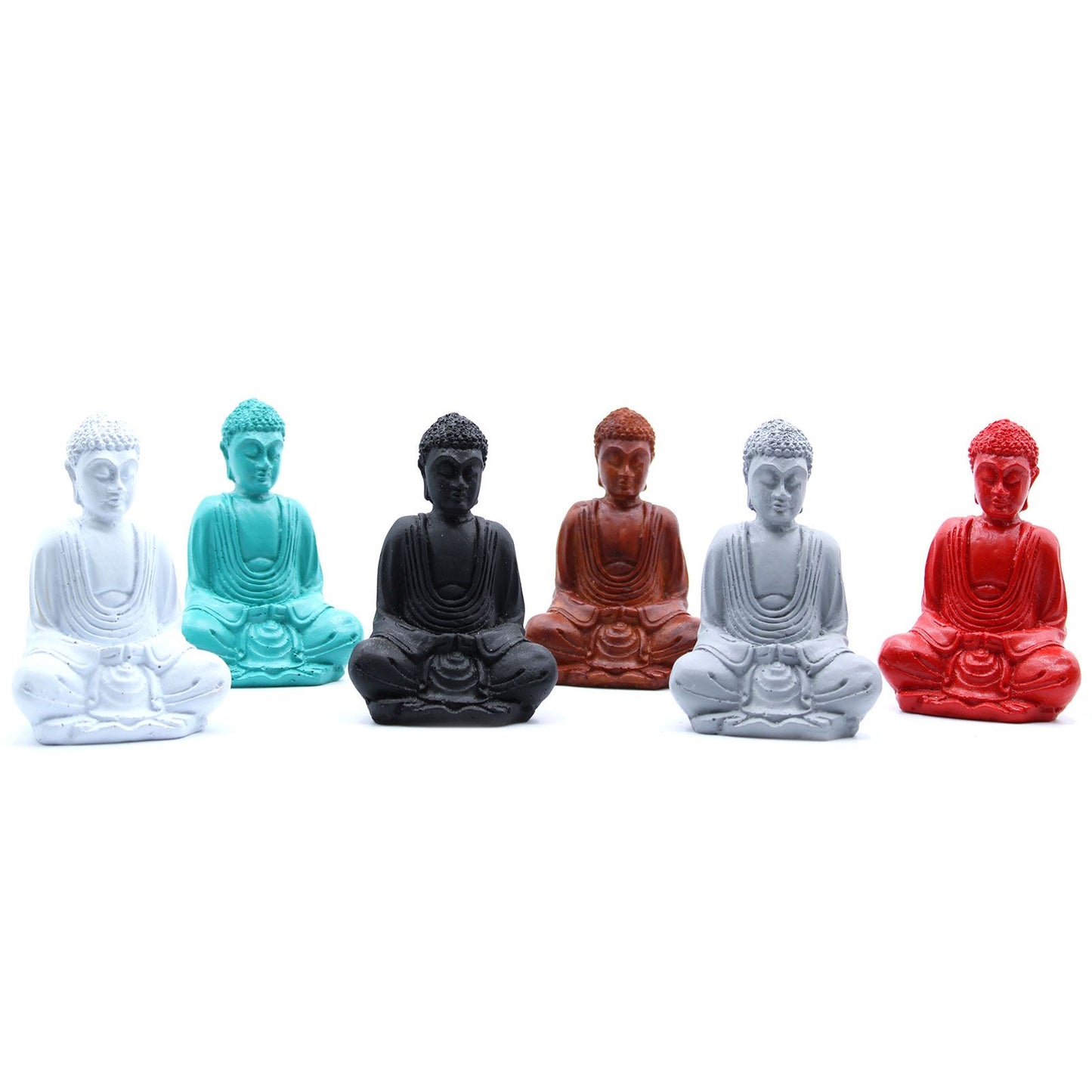 Six small matt resin Buddha figurines in assorted vibrant colours arranged in a row.
