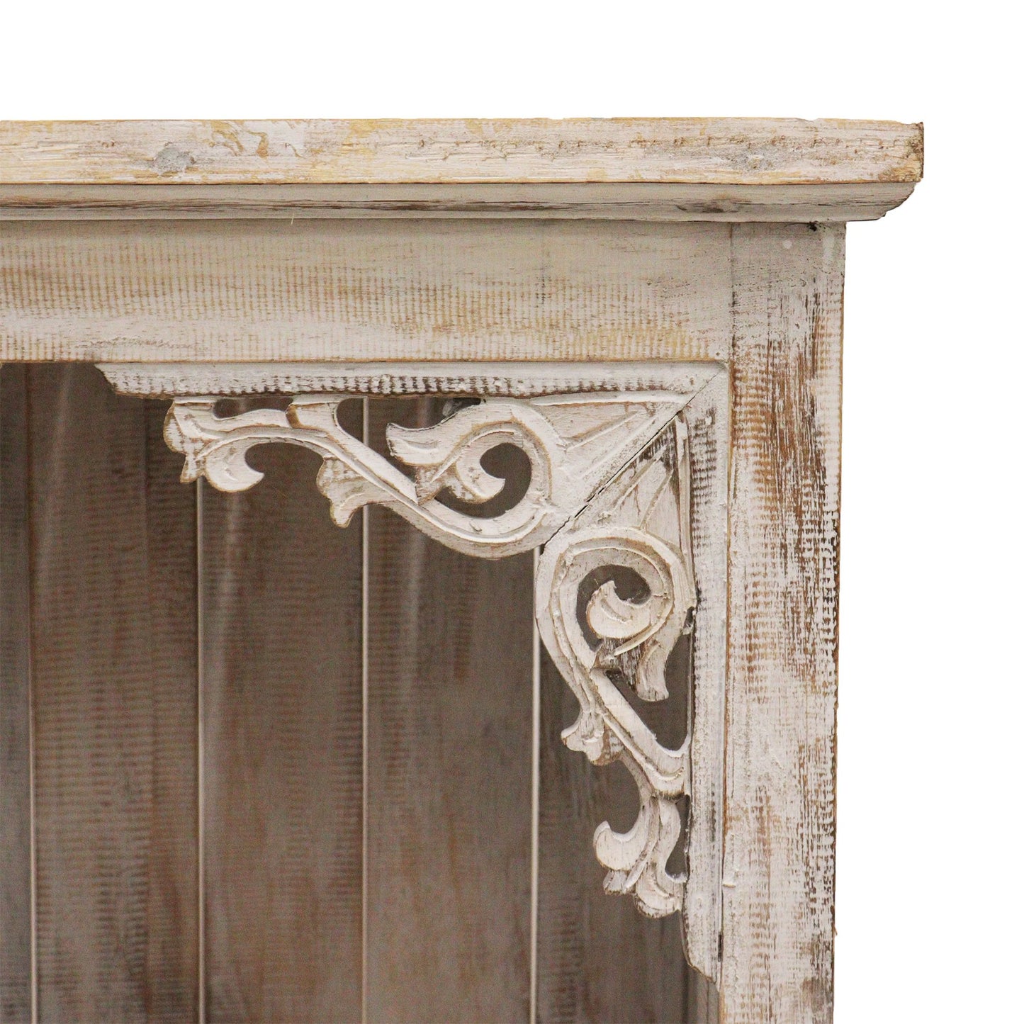 Tall whitewashed wooden bathroom cabinet with multiple drawers and a natural rustic finish.