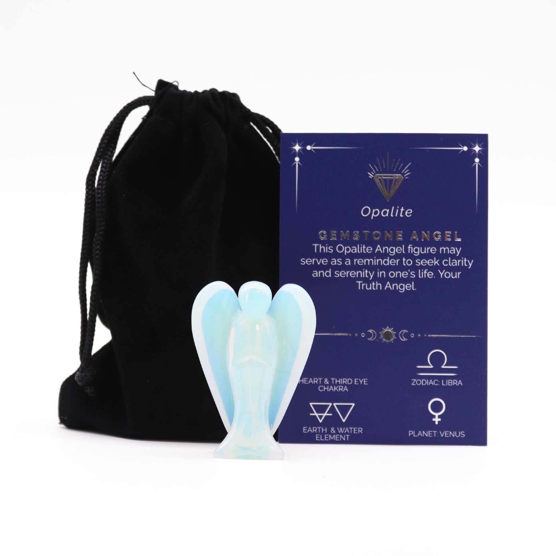Small hand-carved guardian angel figure made from iridescent, milky blue opalite gemstone.