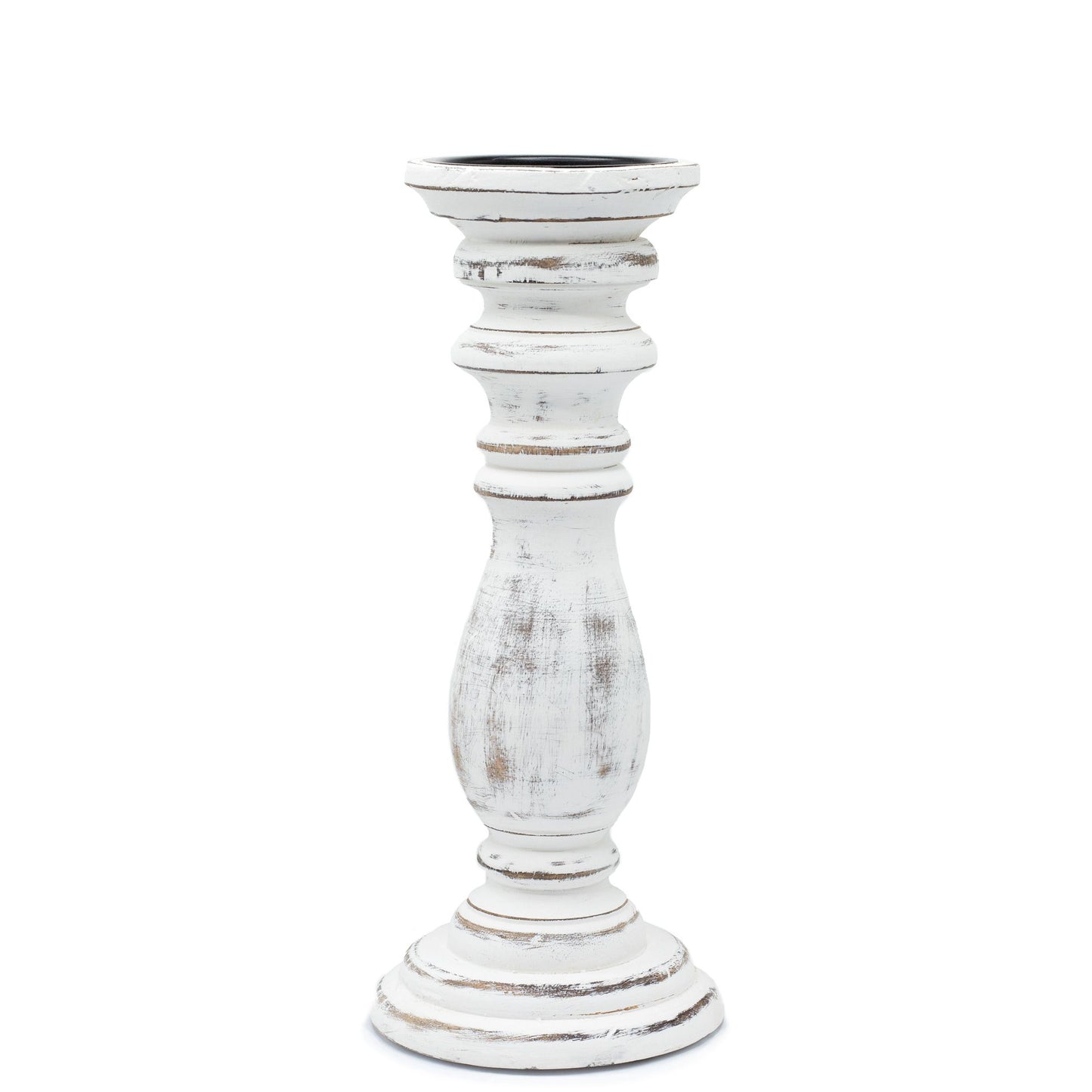 Elegant medium-sized mango wood candle stand with a rustic whitewashed finish and traditional turned silhouette.