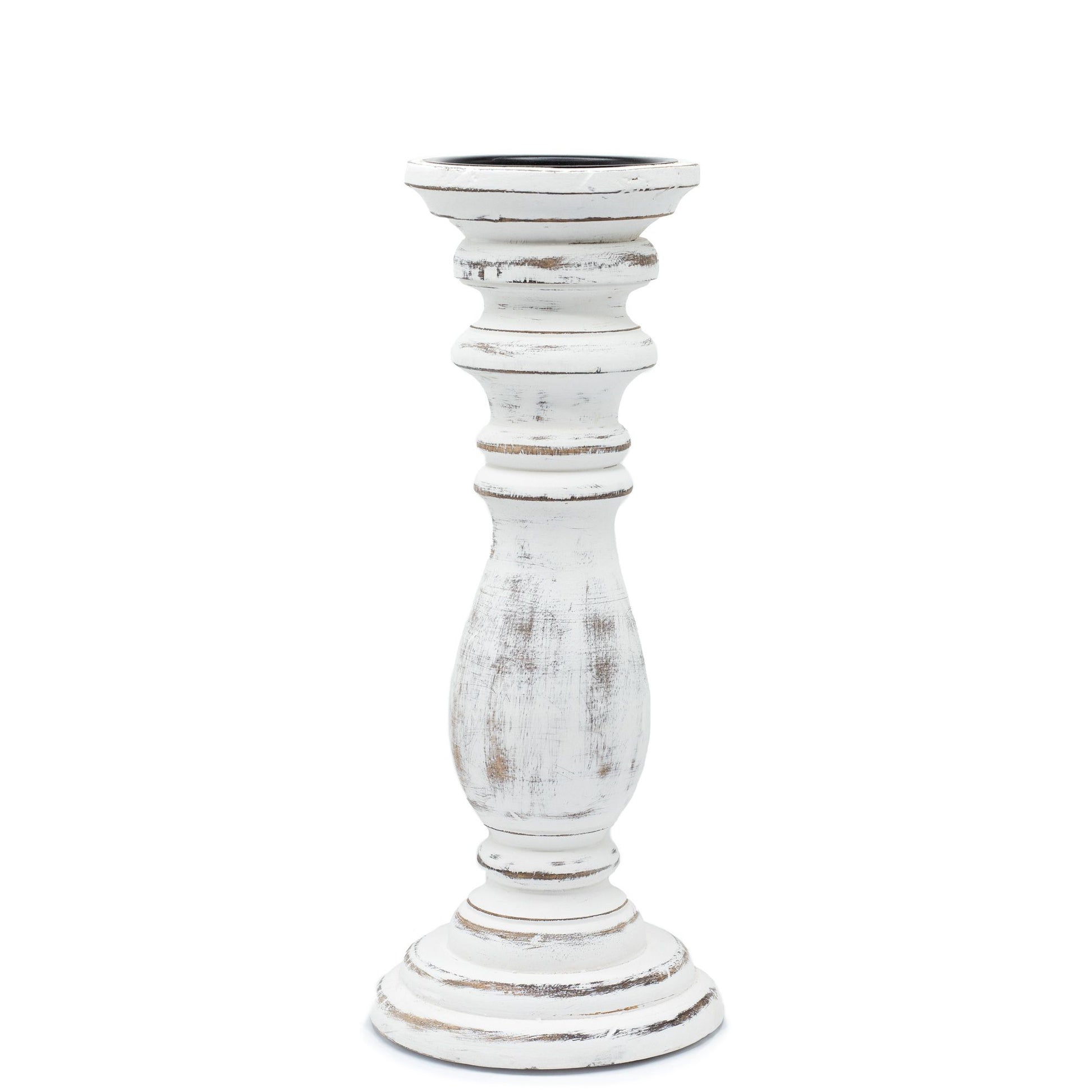 Elegant medium-sized mango wood candle stand with a rustic whitewashed finish and traditional turned silhouette.