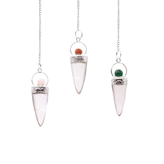 Clear rock crystal cone-shaped pendulum hanging from a delicate silver chain with a silver ring detail.