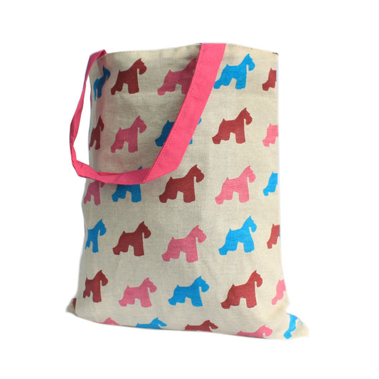Reversible pink block print tote bag featuring a charming dog pattern and artisan hipster style.