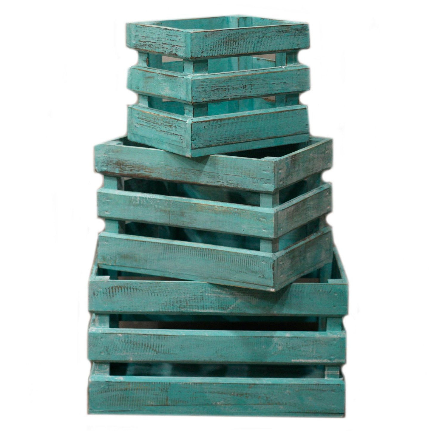 Set of three rustic wooden fruit boxes with a greenwash finish, stacked to show various sizes.