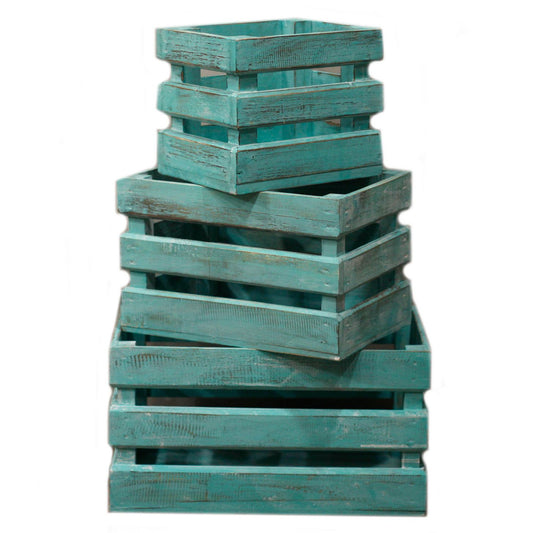 Set of three rustic wooden fruit boxes with a greenwash finish, stacked to show various sizes.