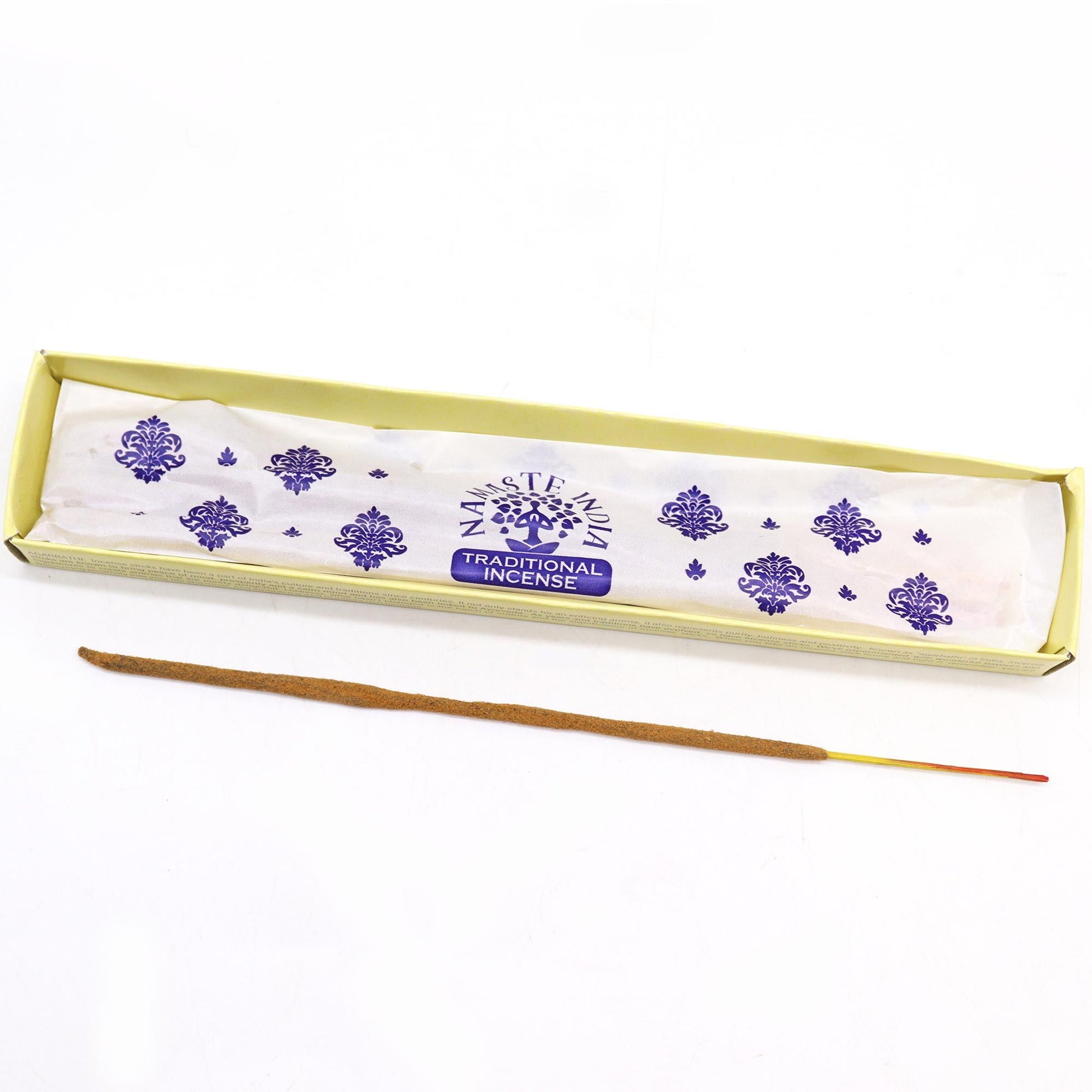 Handcrafted masala incense sticks in a decorative box featuring an intricate blue and gold mandala pattern.