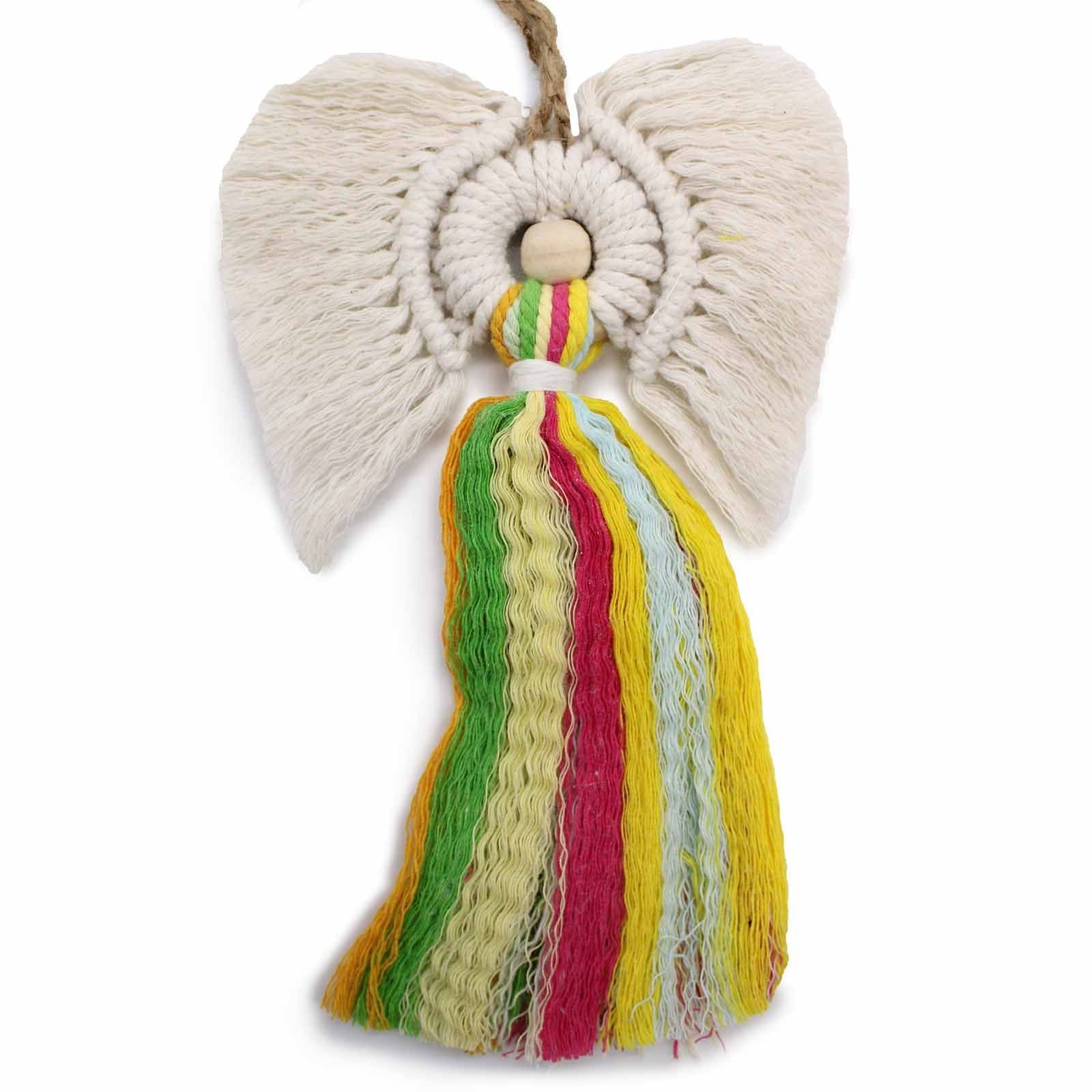 Hand-woven macrame angel with a colourful rainbow dress and white wings, presented in a brown kraft gift box.