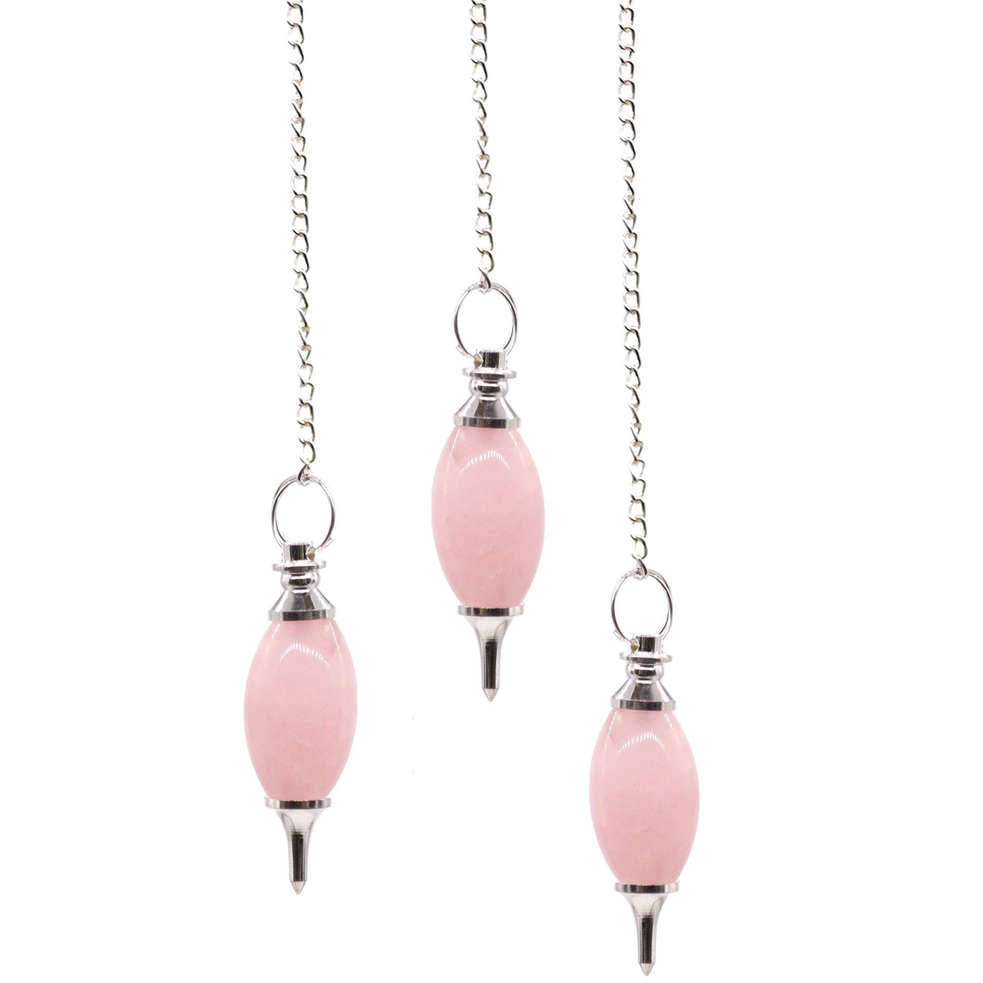 A smooth pink rose quartz pendulum carved into a traditional lingam shape with a silver-tone metal chain.