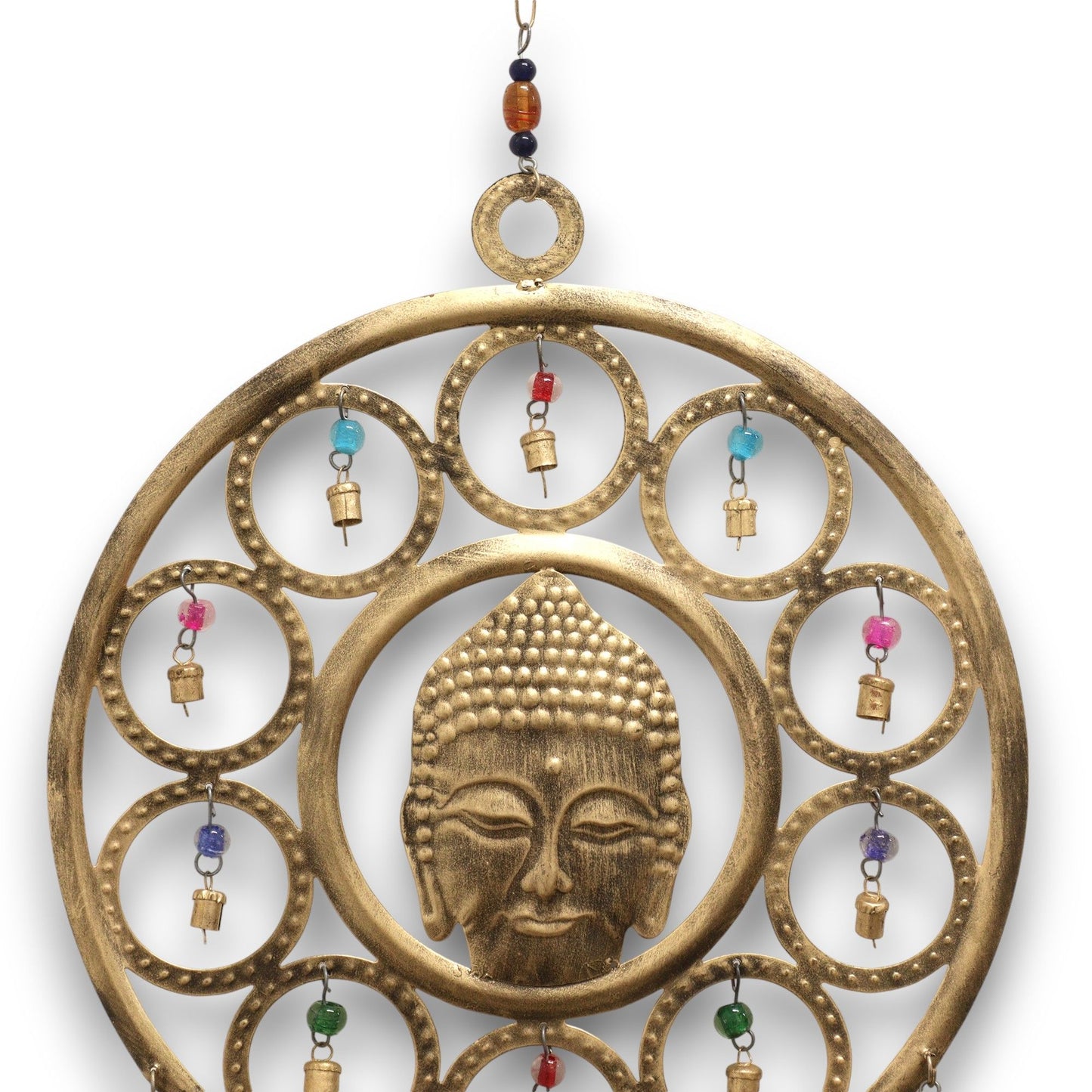 Intricate brass Buddha face wall hanging with 15 small bells, circular accents, and vibrant multi-coloured beads.