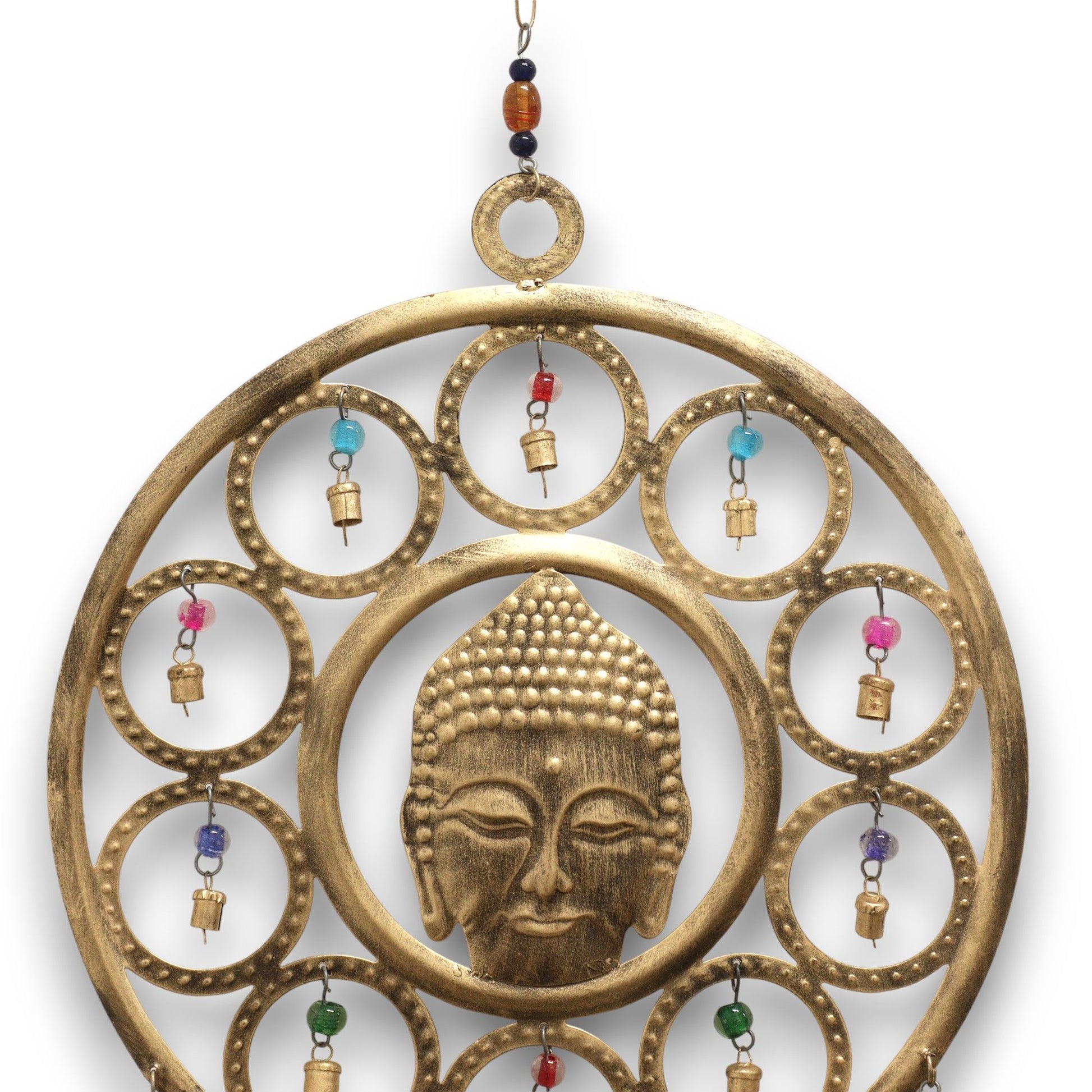 Intricate brass Buddha face wall hanging with 15 small bells, circular accents, and vibrant multi-coloured beads.