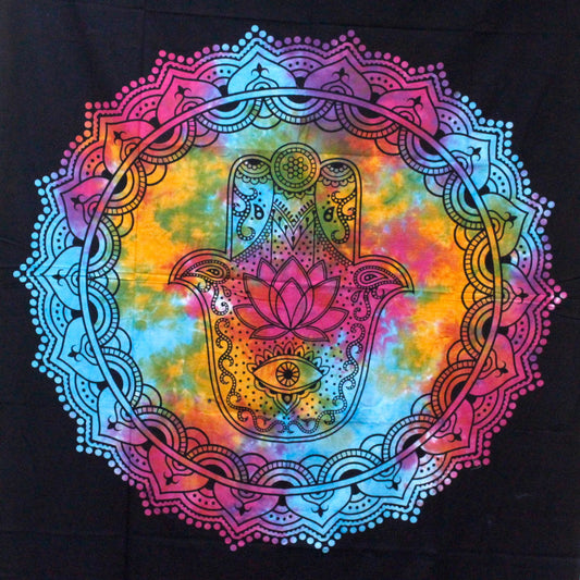 Handmade single cotton bedspread and wall hanging featuring a large black Hamsa Hand design on a neutral background.