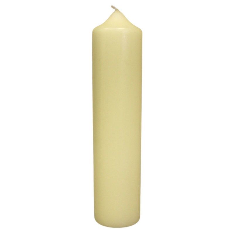 Large classic ivory pillar church candle with a smooth finish and traditional design.