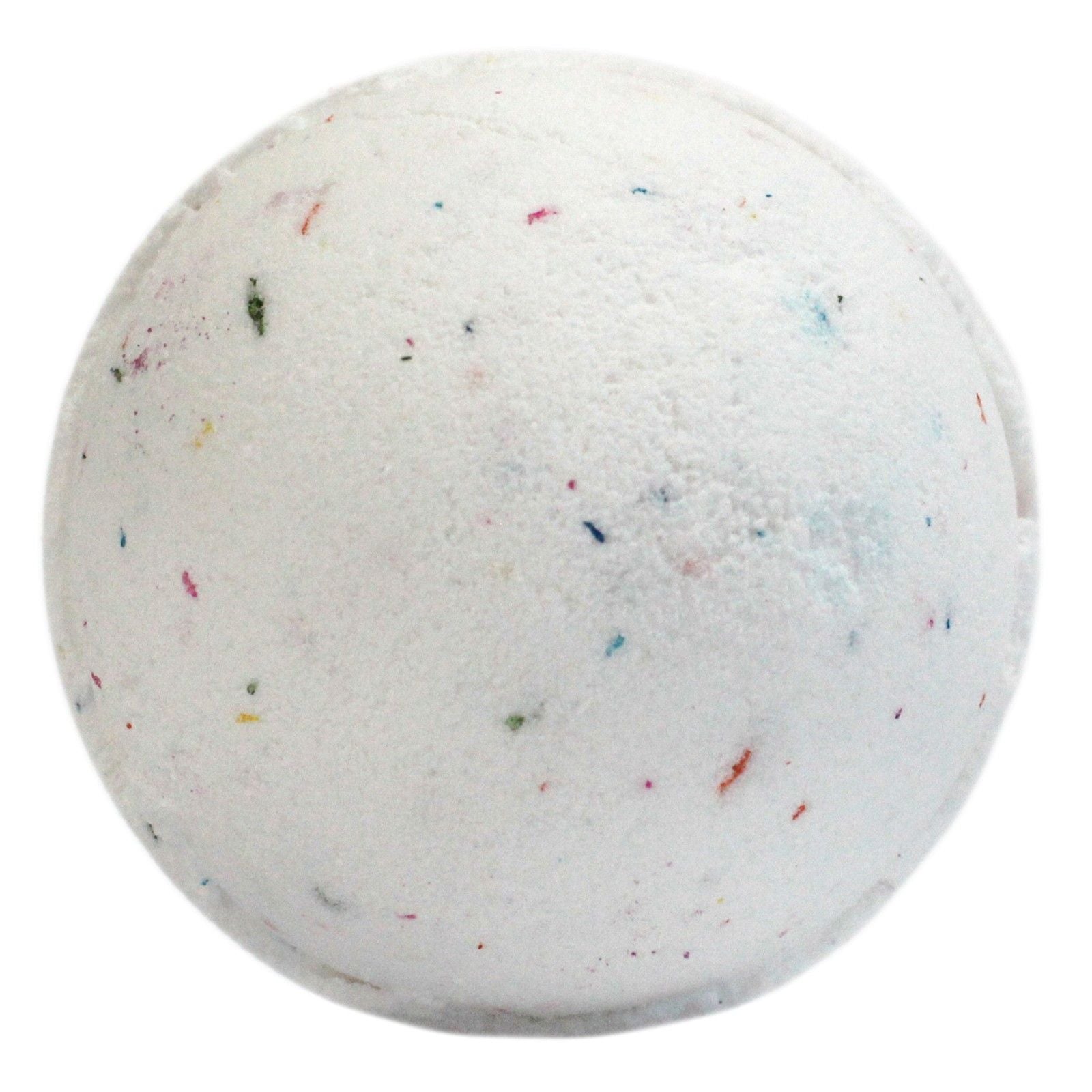 Large round white bath bomb with vibrant multi-coloured speckles and a textured surface.