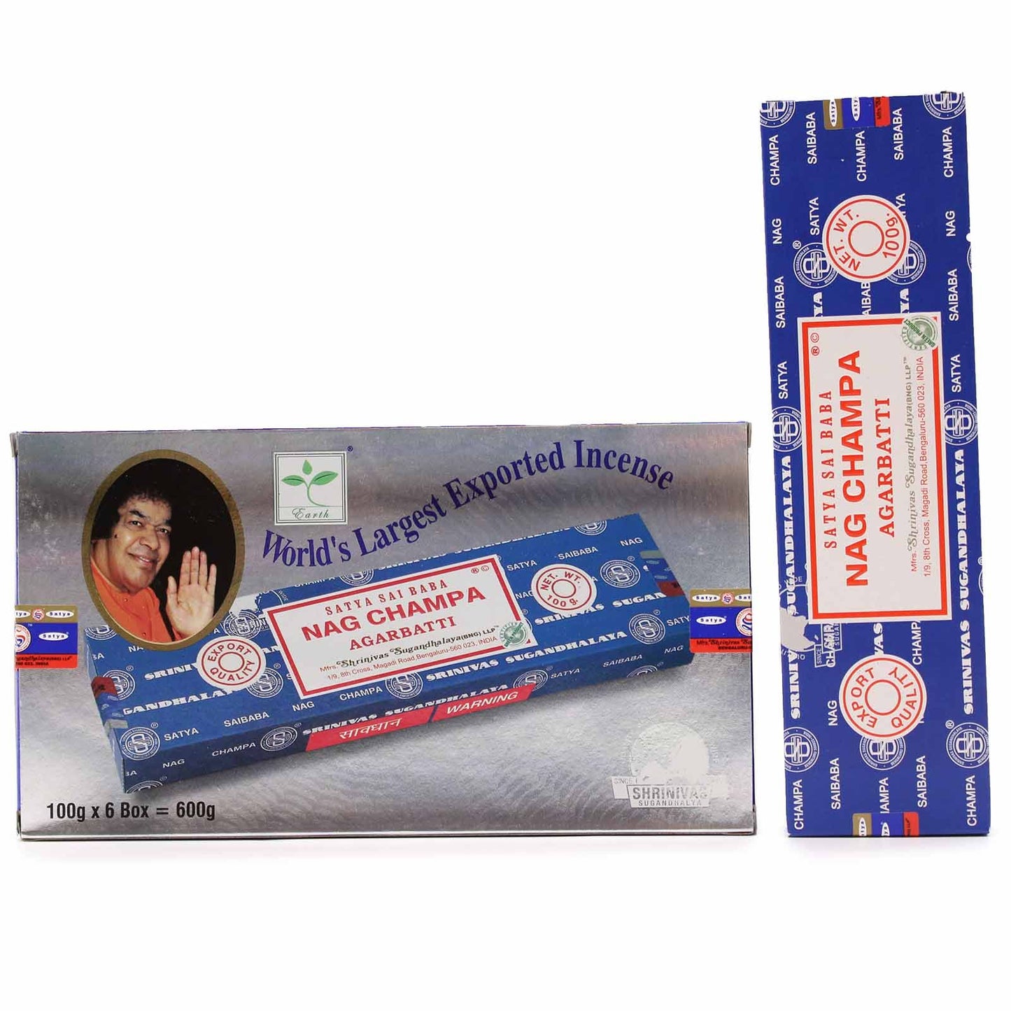 A large 100g blue box of traditional Nag Champa incense sticks known for their floral and earthy aroma.