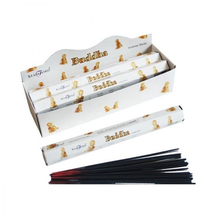Hexagonal box of premium incense sticks featuring a serene Buddha design for spiritual home fragrance.