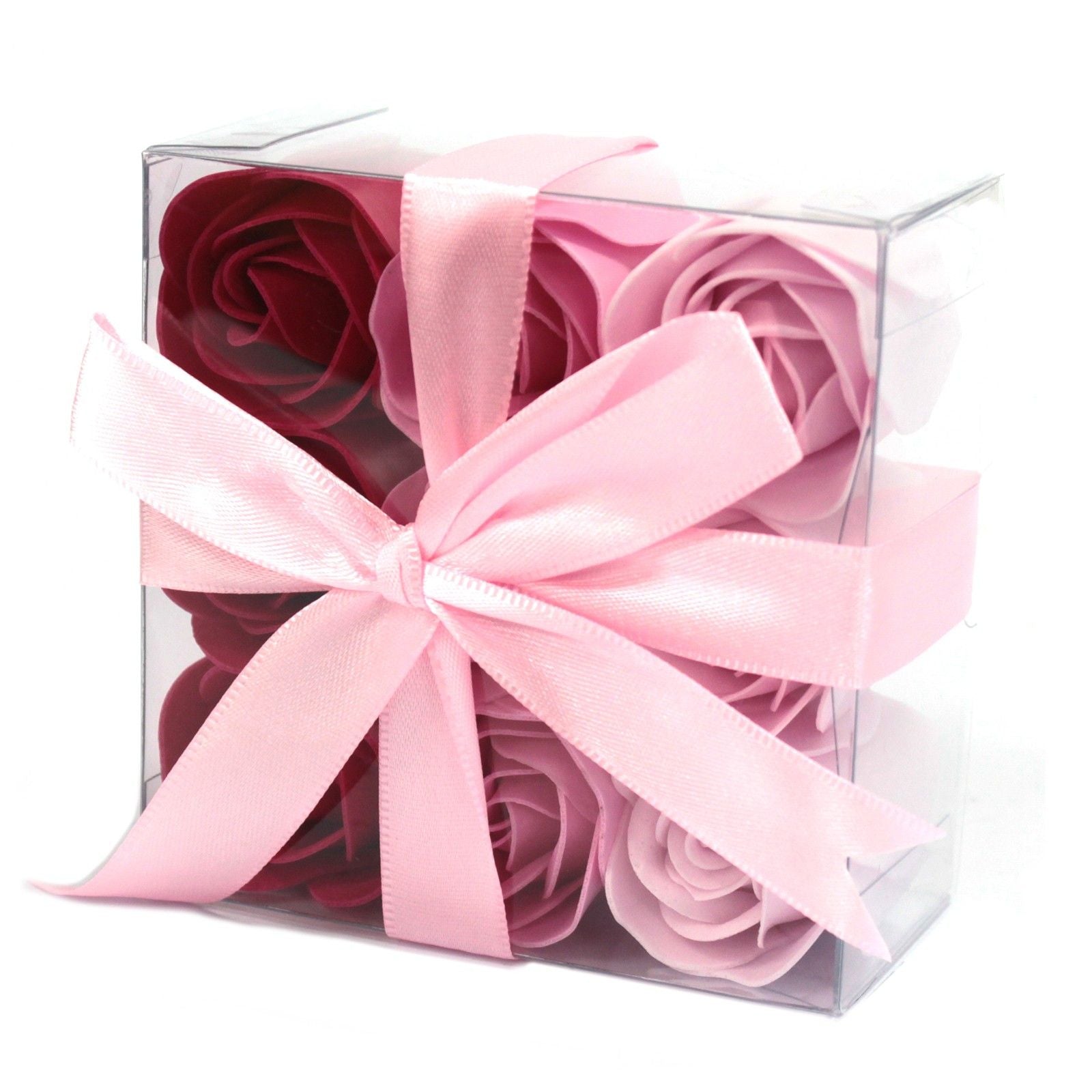 Delicate set of nine pink soap roses arranged beautifully in a gift box for aromatherapy baths.