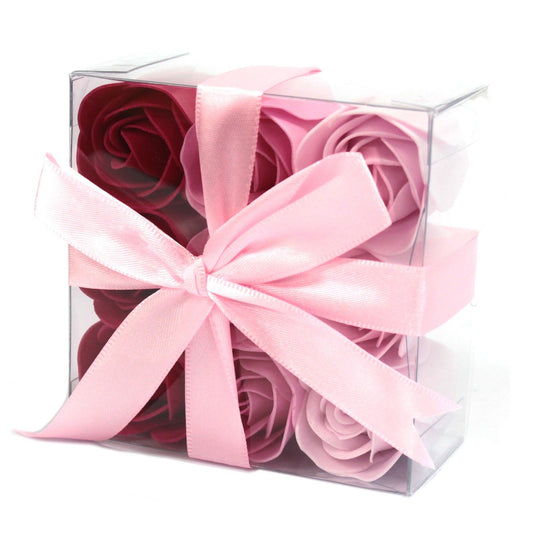 Delicate set of nine pink soap roses arranged beautifully in a gift box for aromatherapy baths.