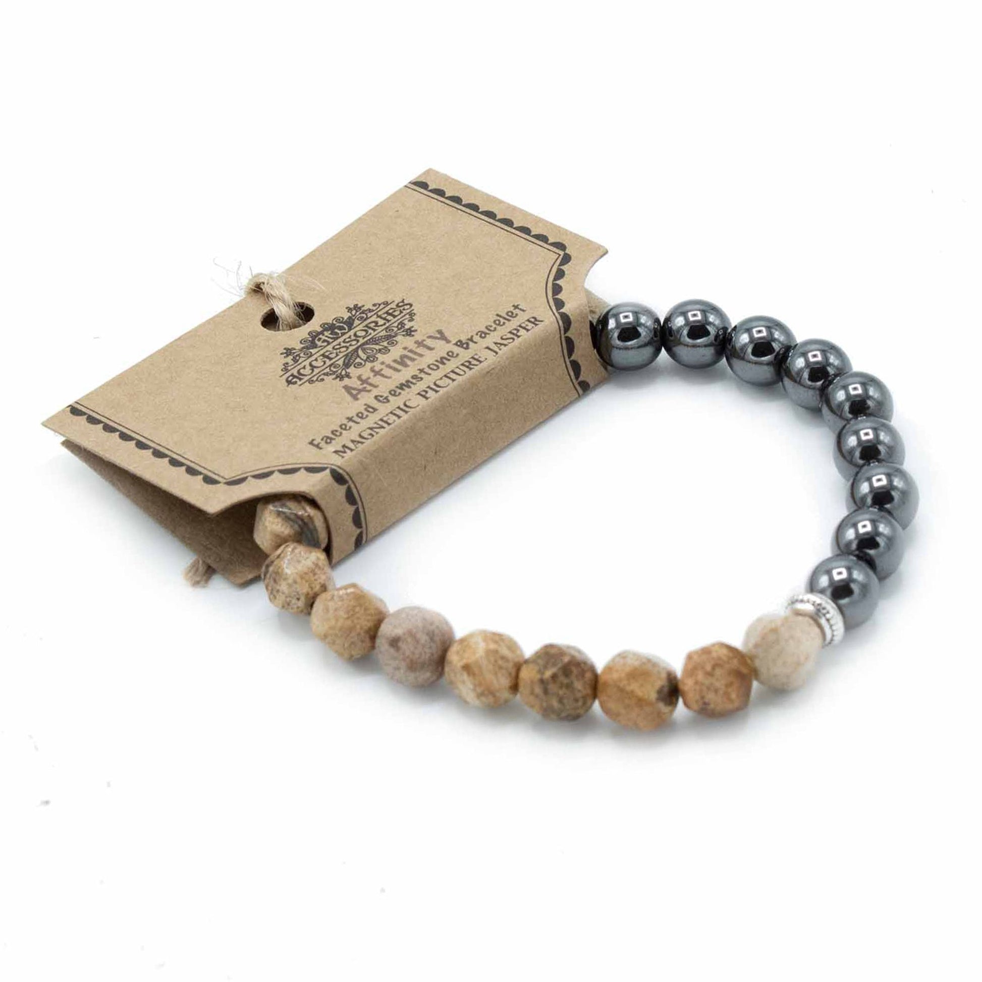 Close-up of a faceted Picture Jasper gemstone bracelet showing sparkling earthy brown and tan stone beads.