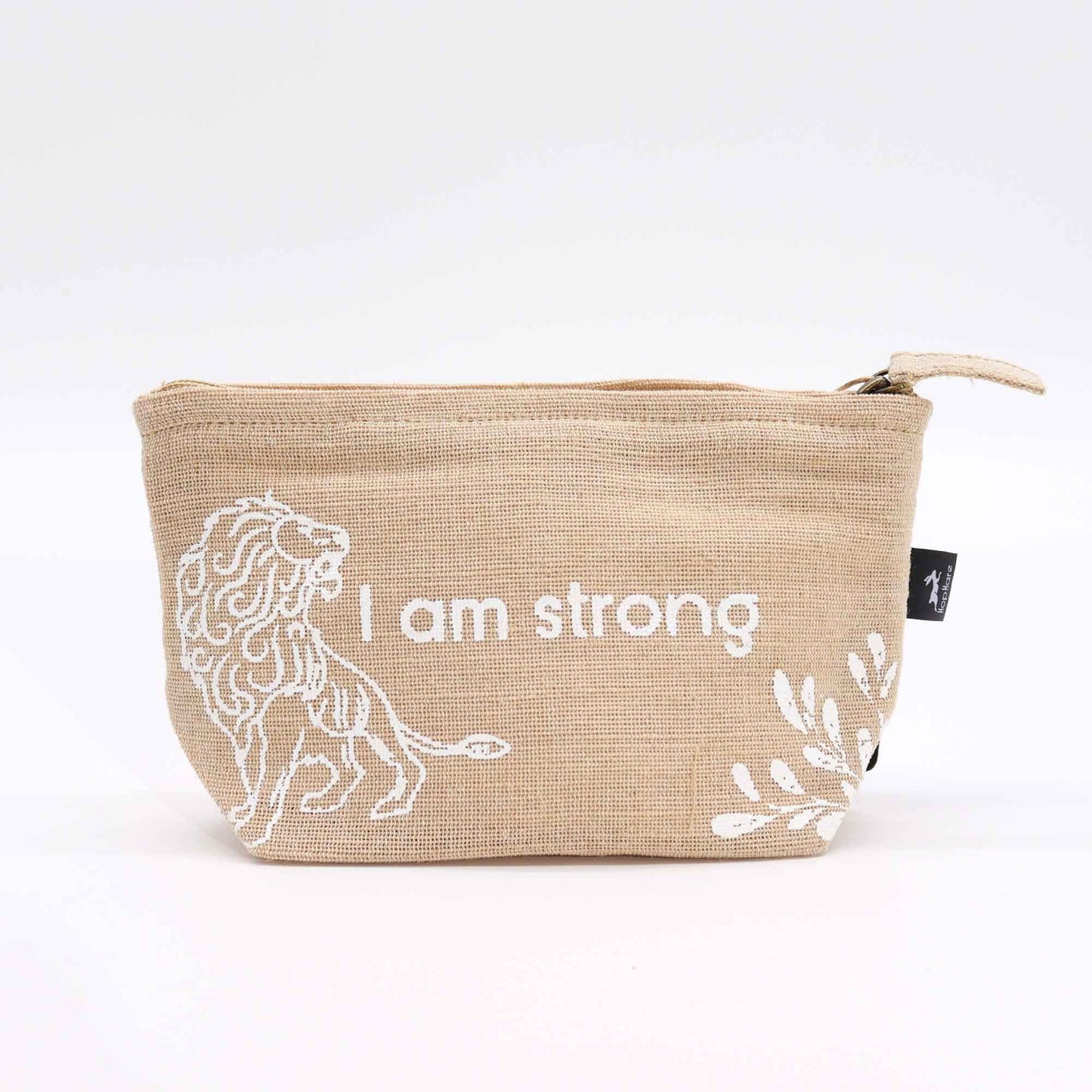 Eco-friendly natural jute pouch with the inspirational affirmation I Am Strong printed on the front.