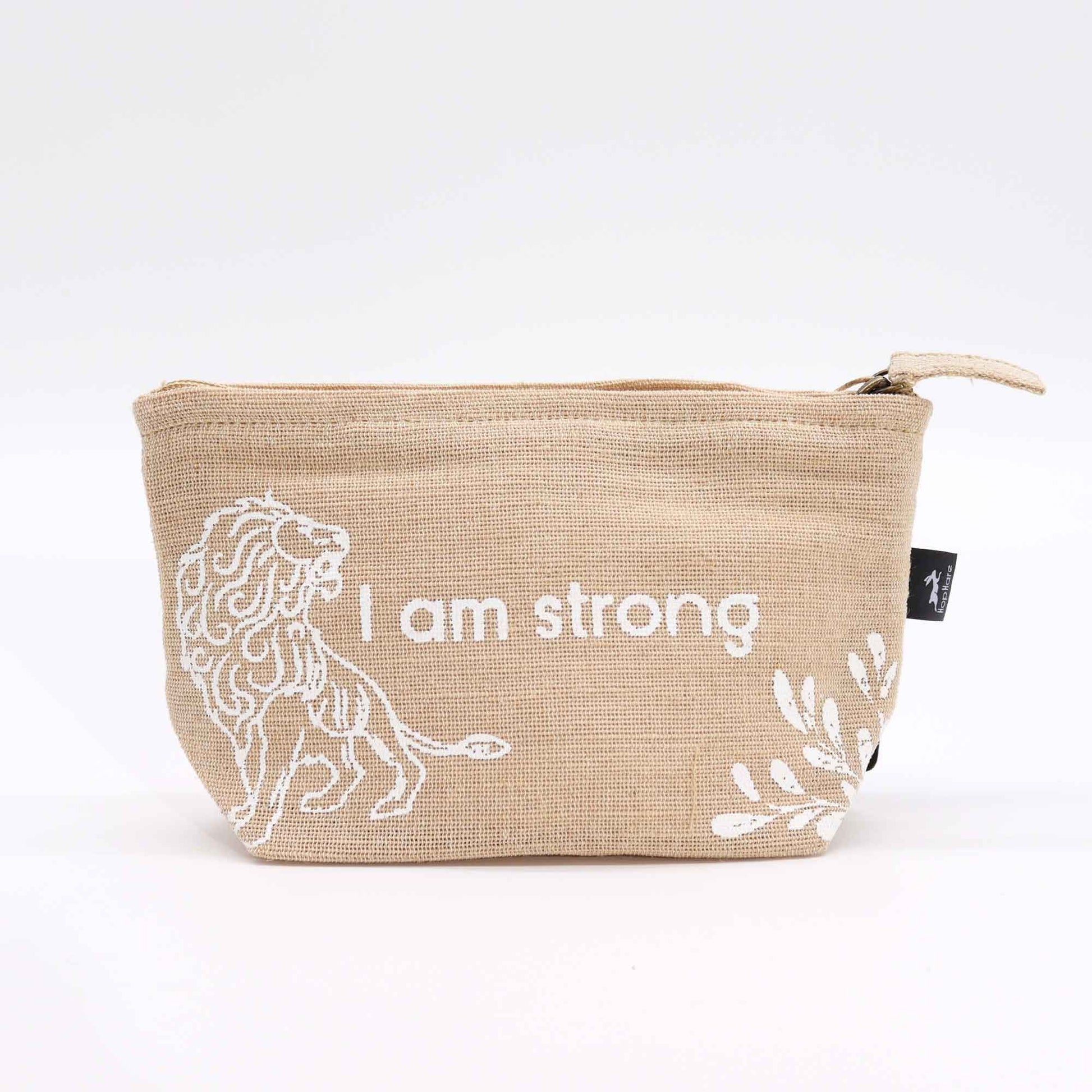 Eco-friendly natural jute pouch with the inspirational affirmation I Am Strong printed on the front.