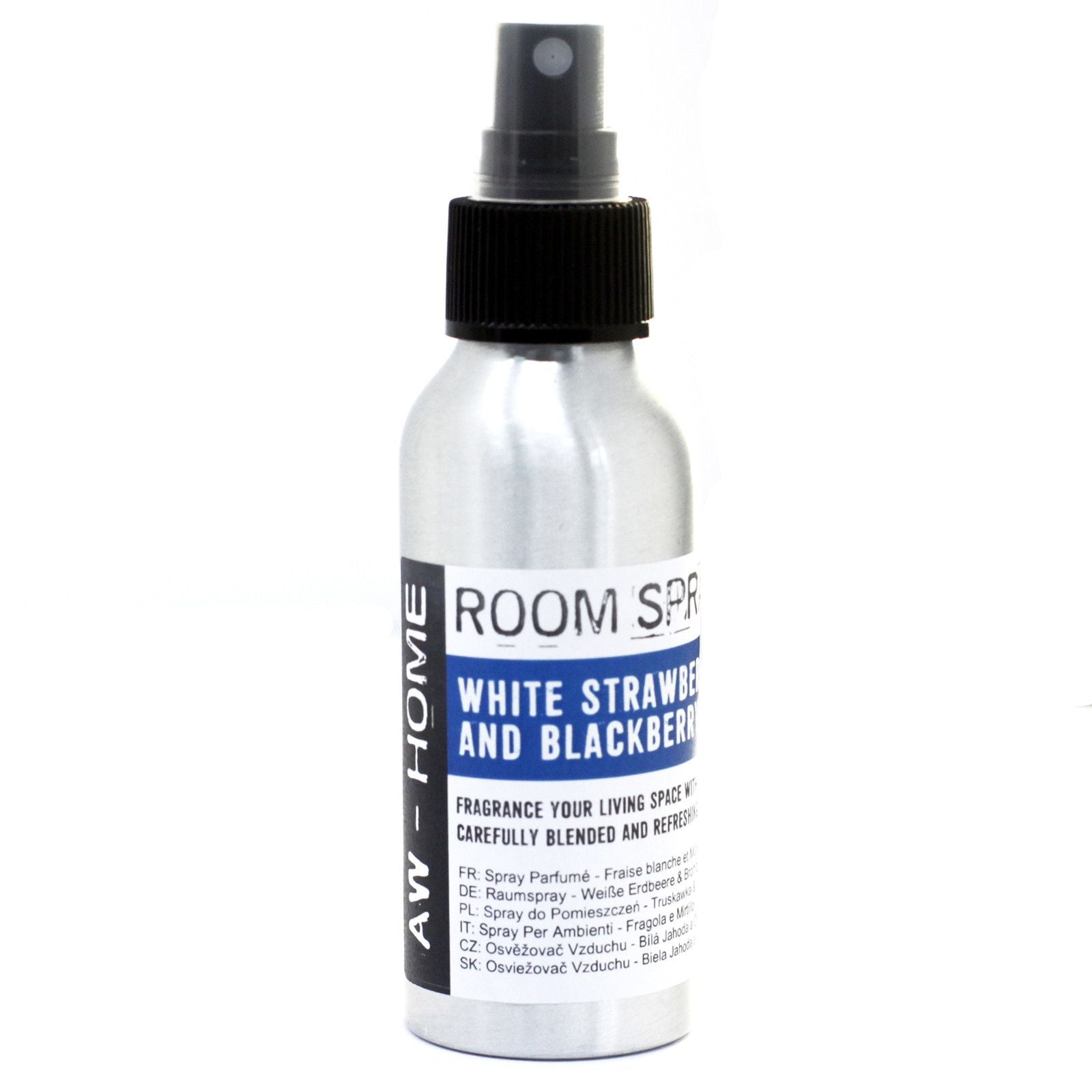 A 100ml aluminium bottle of White Strawberry and Blackberry scented room spray.