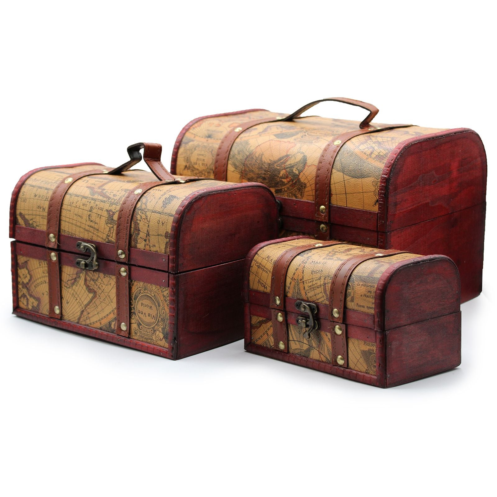 Set of three vintage-style wooden chests featuring a decorative old world map design with leather handles and brass details.