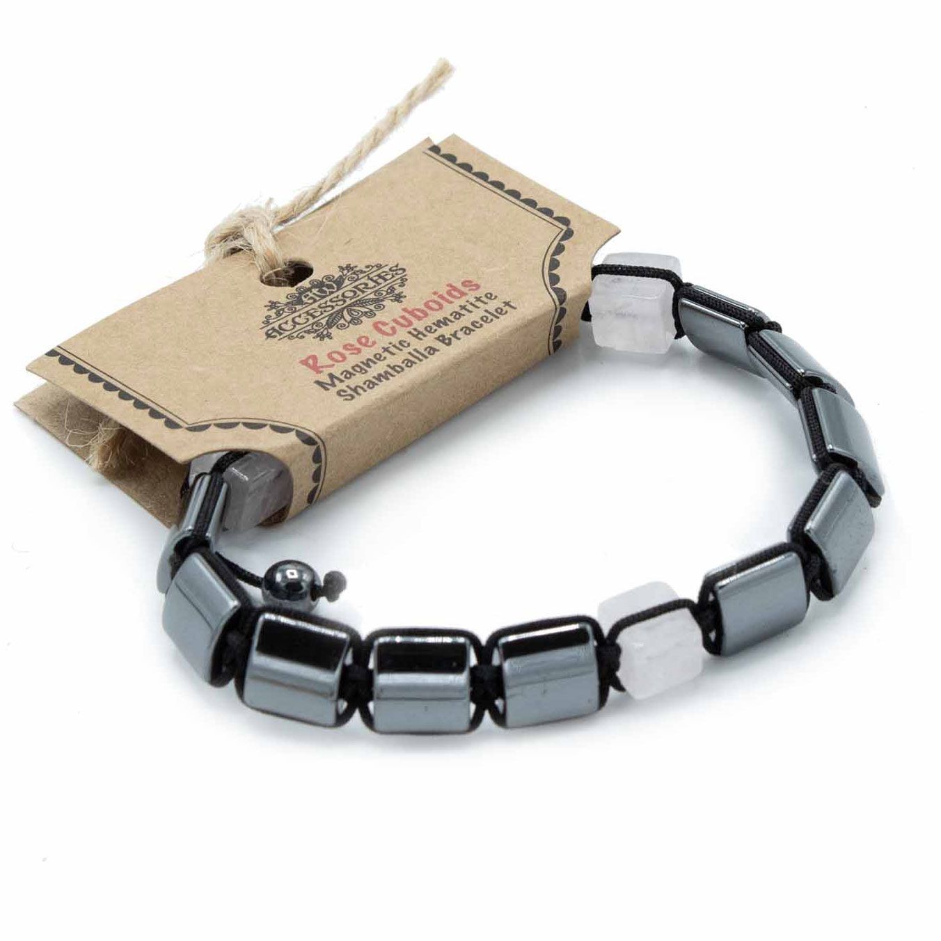 Magnetic hematite shamballa bracelet featuring sleek black beads and rose-coloured cuboid stones on a black cord.