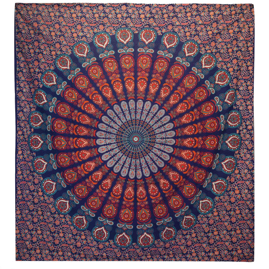 Blue and white cotton bedspread featuring an intricate circular peacock mandala design.
