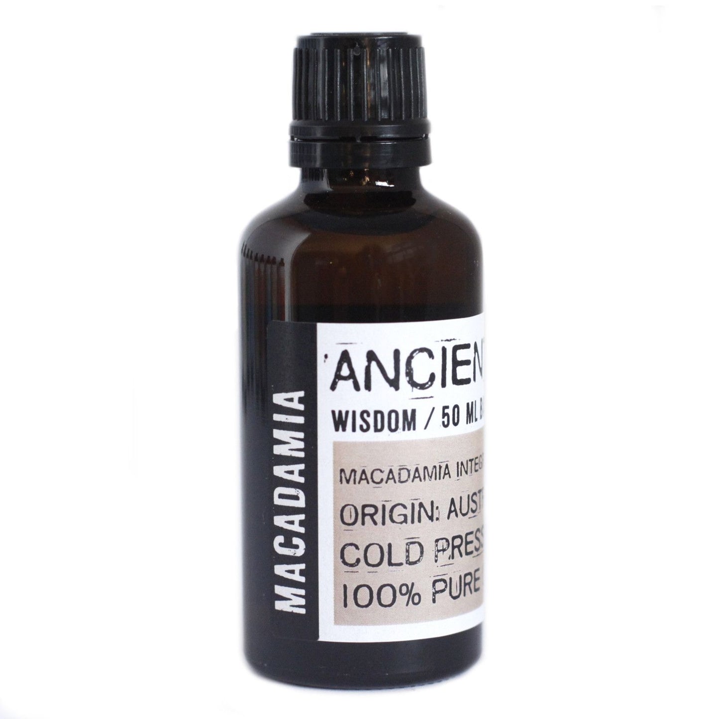 50ml amber glass bottle of macadamia base oil with a black screw cap on a plain white background.