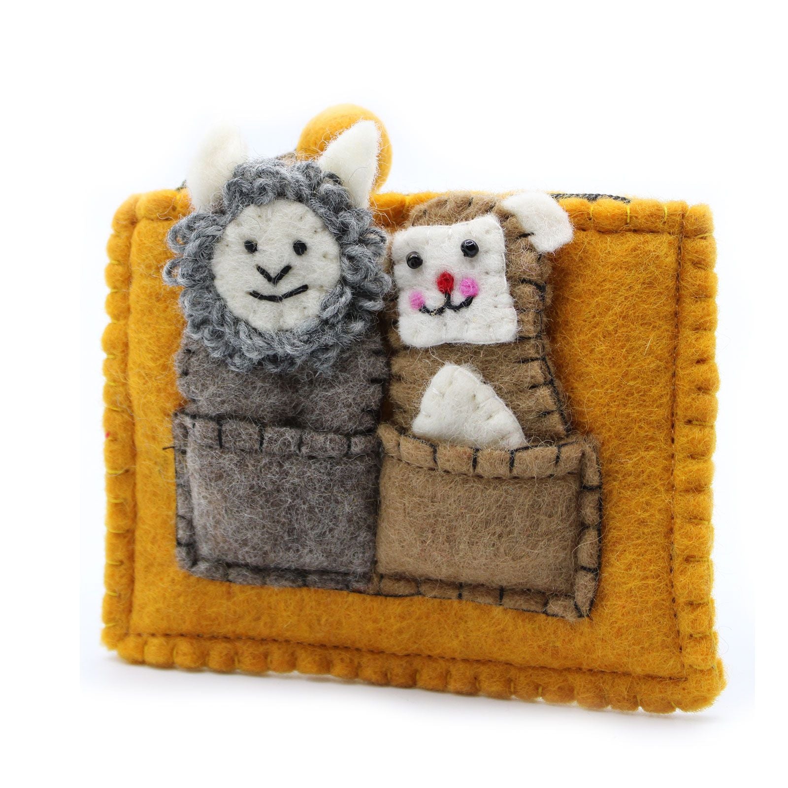 Soft fabric pouch containing cute bear and sheep finger puppets for children's imaginative play.