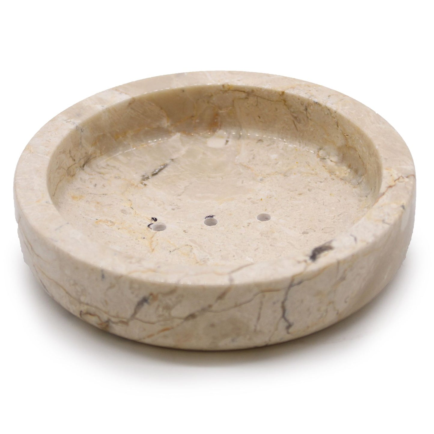Hand-crafted round flat soap dish made from polished honey-toned marble with natural veining.