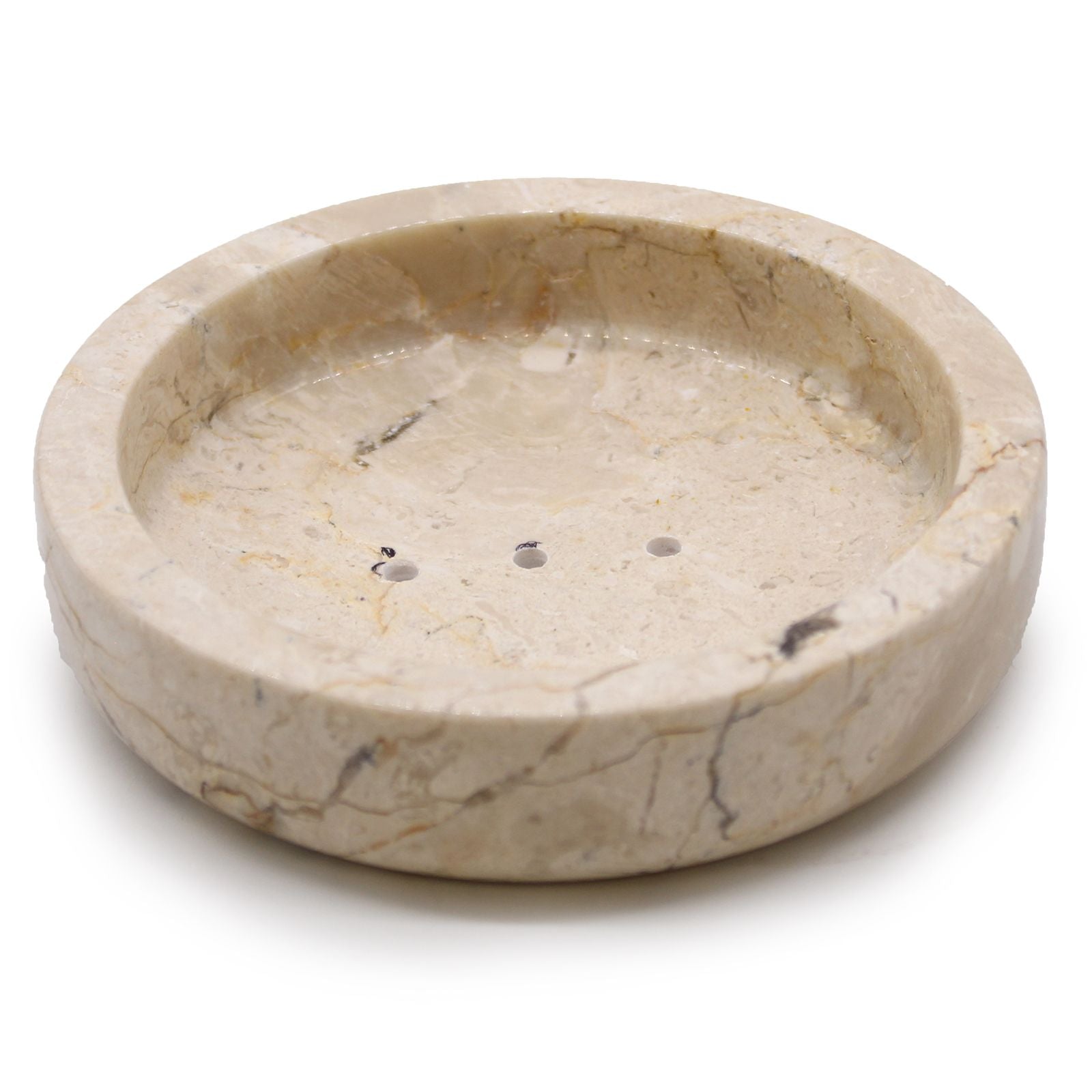 Hand-crafted round flat soap dish made from polished honey-toned marble with natural veining.