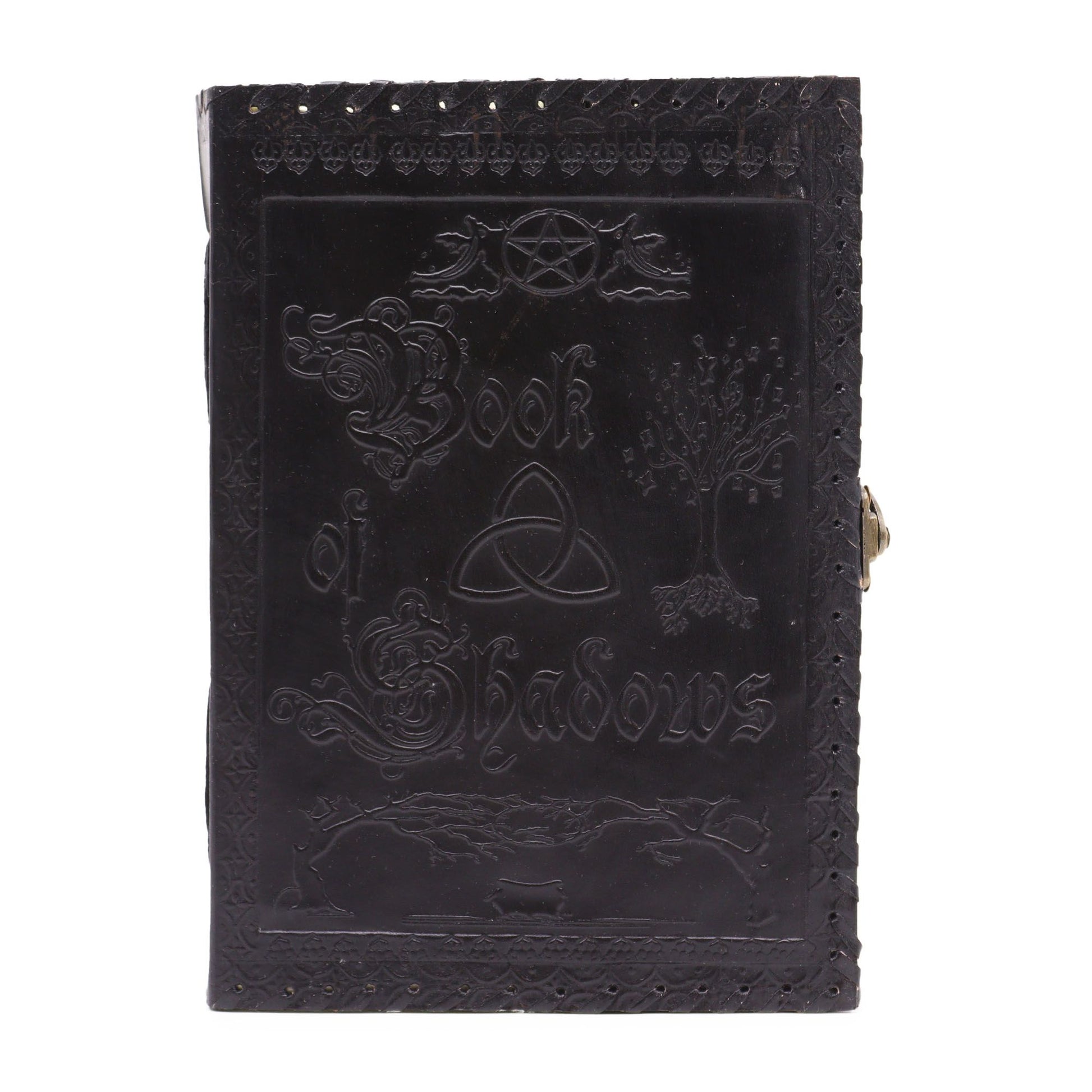 Large black leather-bound journal with a vintage aesthetic and textured deckle-edged paper.