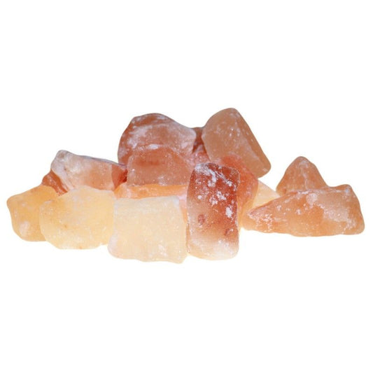 Coarse chunks of natural pink Himalayan crystal salt in various sizes and shades of rose and orange.