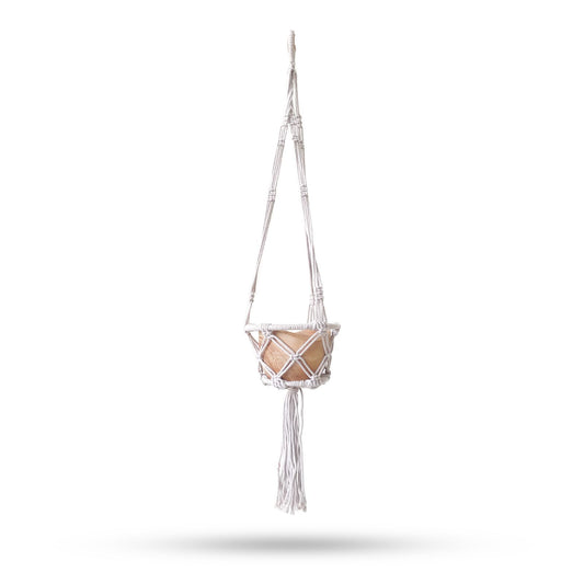 Small natural cotton macrame plant hanger featuring a wooden hoop and intricate knot patterns for indoor pots.