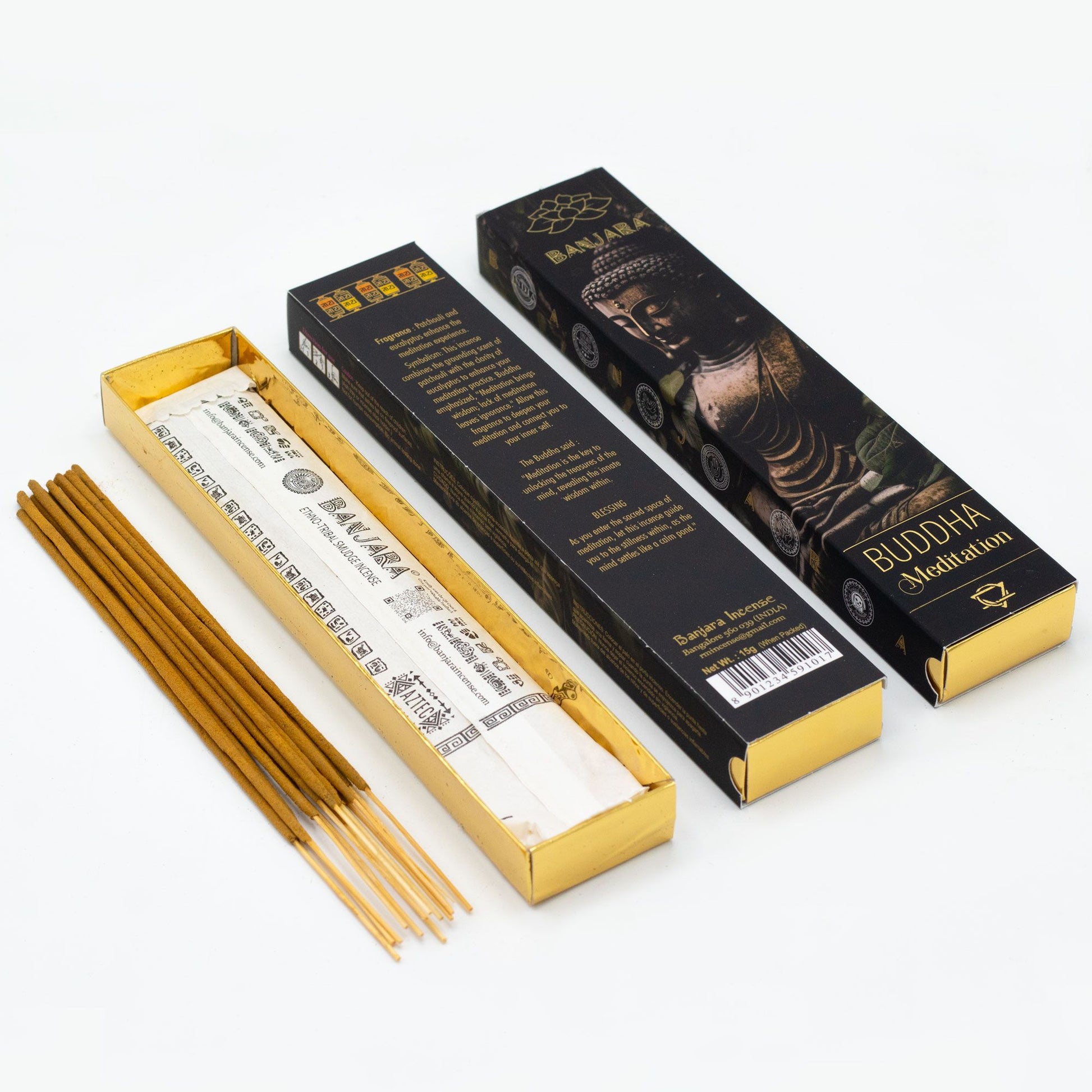 Hand-rolled meditation incense sticks in traditional packaging with a peaceful Buddha illustration.