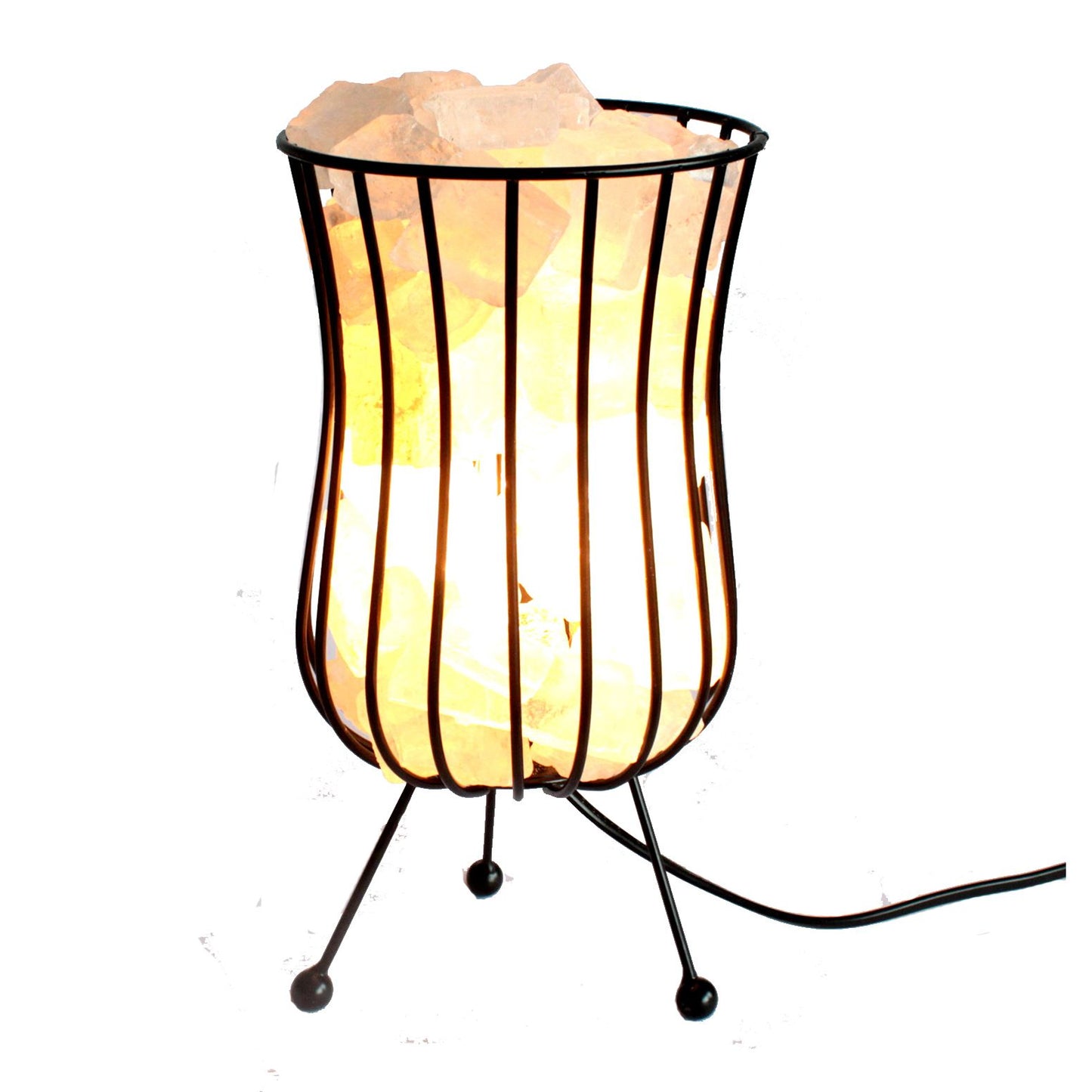 Tall decorative black metal brazier filled with natural white Himalayan salt rock chunks, glowing from an internal light.