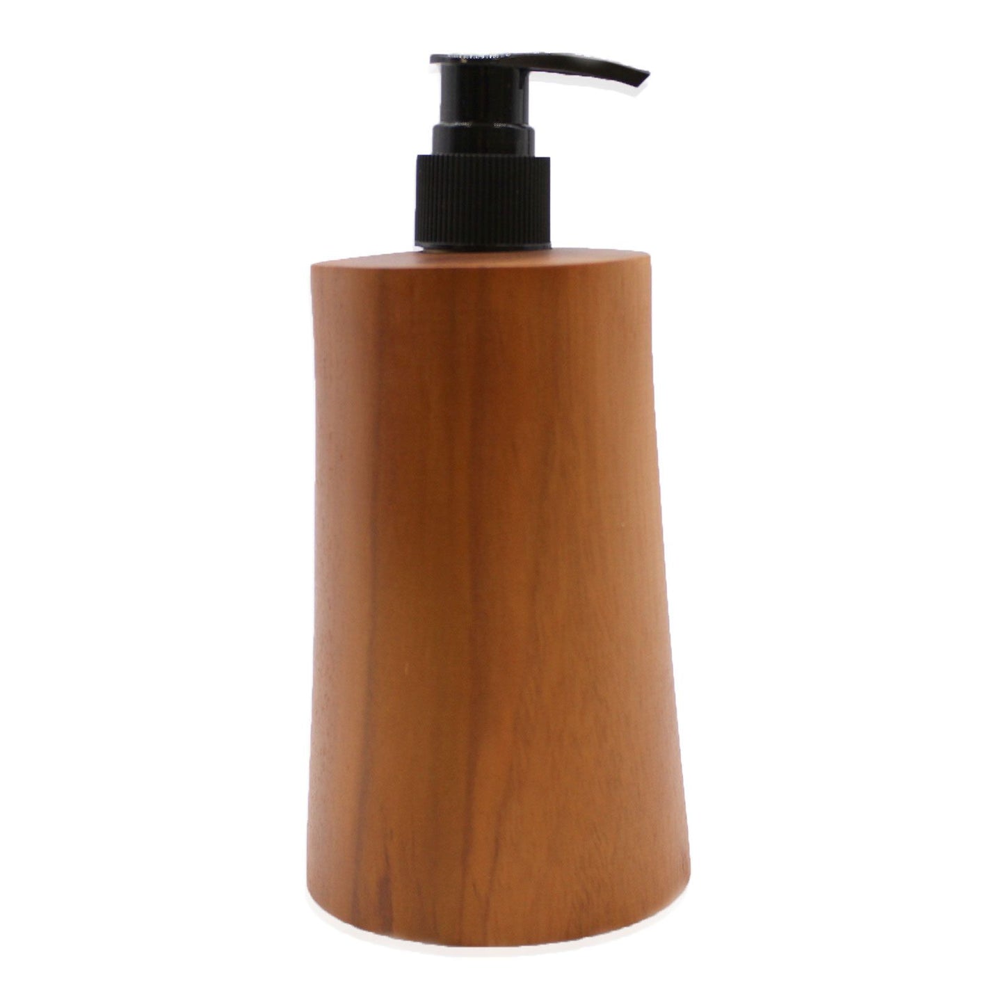Sleek tapered soap dispenser handcrafted from natural grained teakwood with a sturdy silver-toned pump.