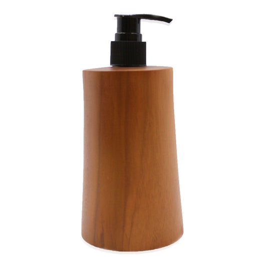 Sleek tapered soap dispenser handcrafted from natural grained teakwood with a sturdy silver-toned pump.
