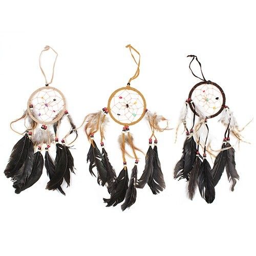 Medium round dreamcatcher with intricate webbing and feathers in shades of cream, coffee, and chocolate brown.