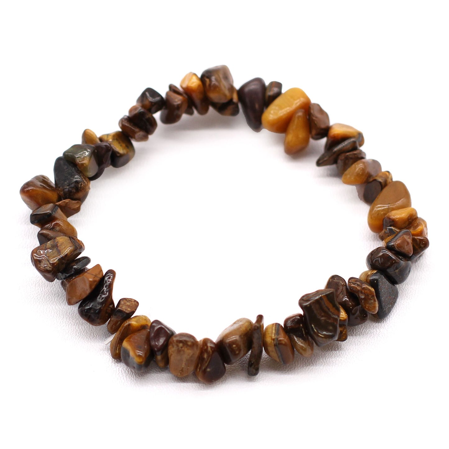 Stylish bracelet featuring polished golden-brown Tiger Eye gemstone chips on a flexible elasticated thread.