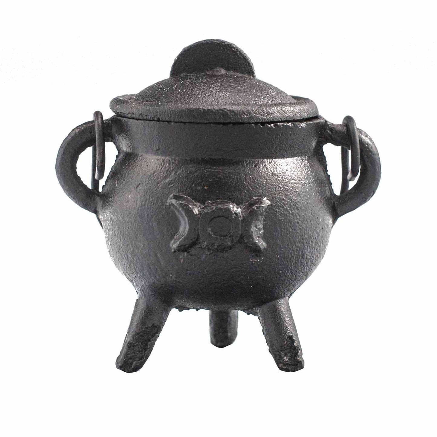 Small black cast iron ritual cauldron featuring an embossed triple moon symbol on three sturdy legs.