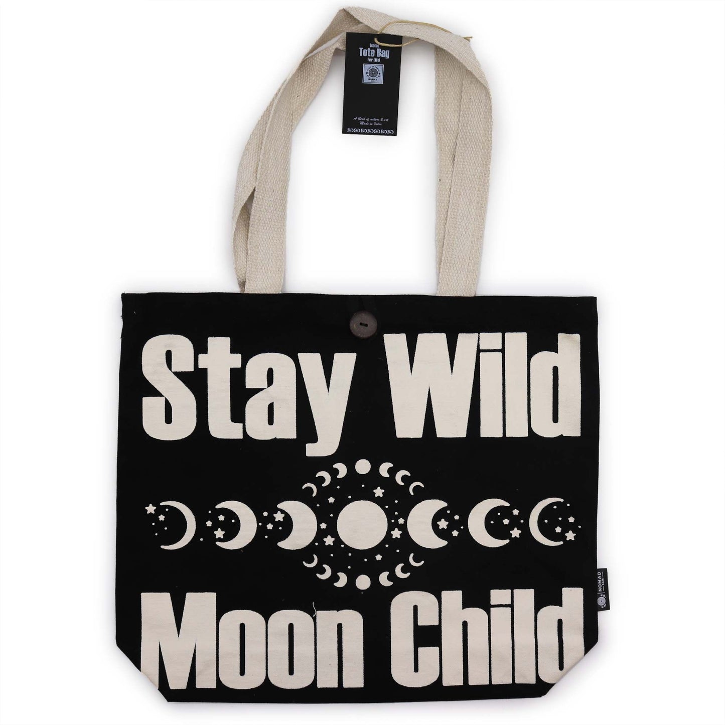Black and natural cotton tote bag featuring the bold text Stay Wild Mood Child in a classic minimalist design.