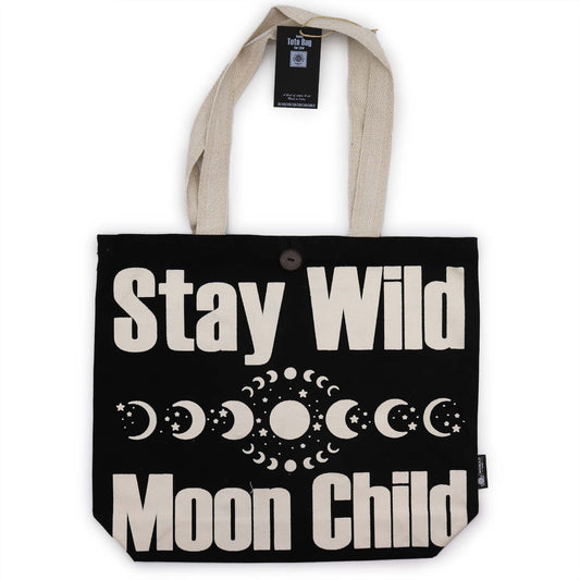 Black and natural cotton tote bag featuring the bold text Stay Wild Mood Child in a classic minimalist design.