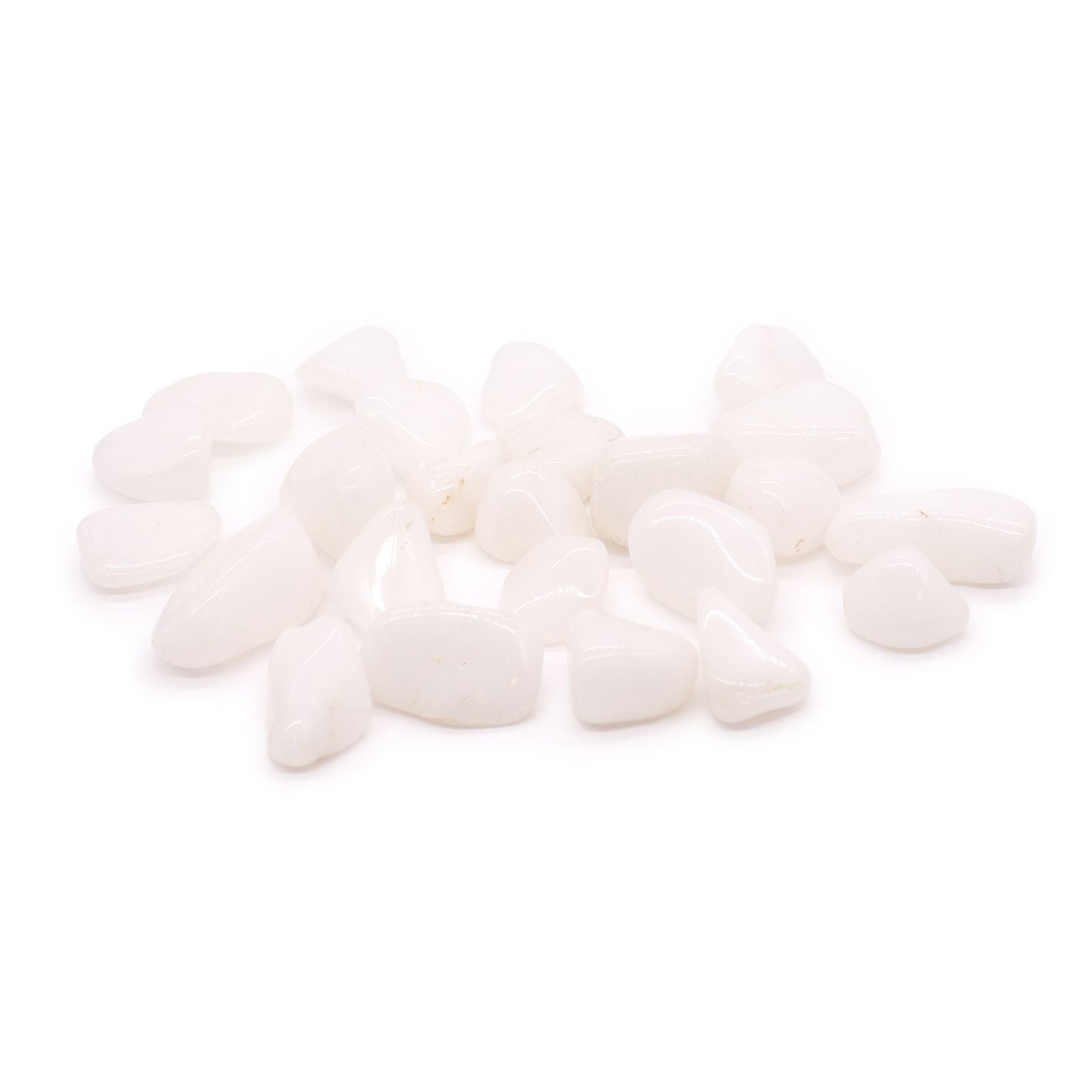 Smooth, polished white Snow Quartz tumbled stones with a soft milky appearance.